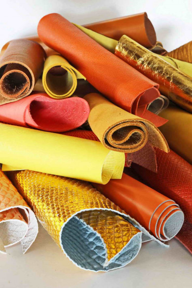Leather scraps bag, YELLOW, GOLD, ORANGE tones, fancy textures, foils and softness various,, in total for 1 lbs and 2 lbs