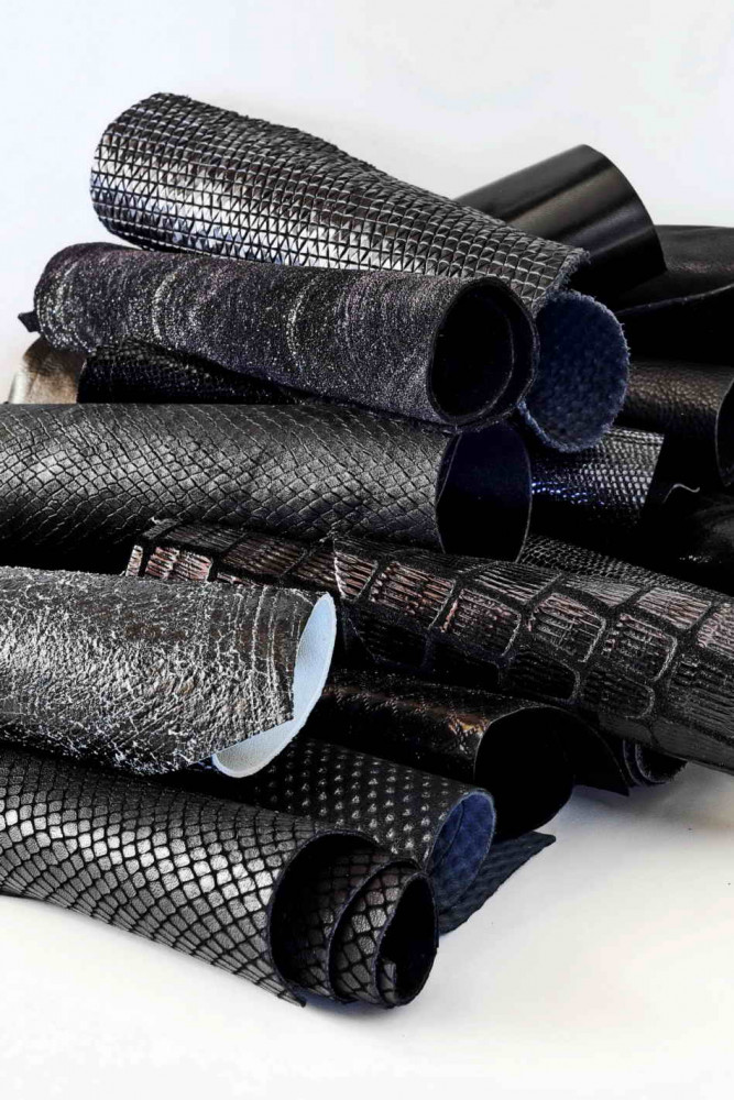 Leather scraps bag, BLACK tone, fancy...