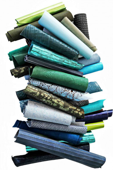 Leather scraps bag, BLUE and GREEN tones, fancy textures, foils and softness various, from 0,7 lbs to 2 lbs