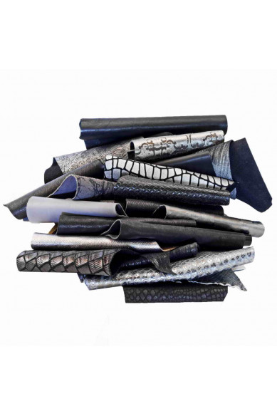 Leather scraps bag, BLACK and GREY tones, fancy textures, foils and softness various, from 0,7 lbs to 2 lbs