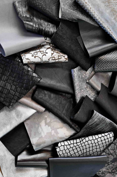 Leather scraps bag, BLACK and GREY tones, fancy textures, foils and softness various, from 0,7 lbs to 2 lbs