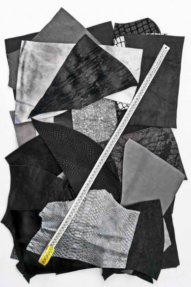 Leather scraps bag, BLACK and GREY tones, fancy textures, foils and softness various, from 0,7 lbs to 2 lbs