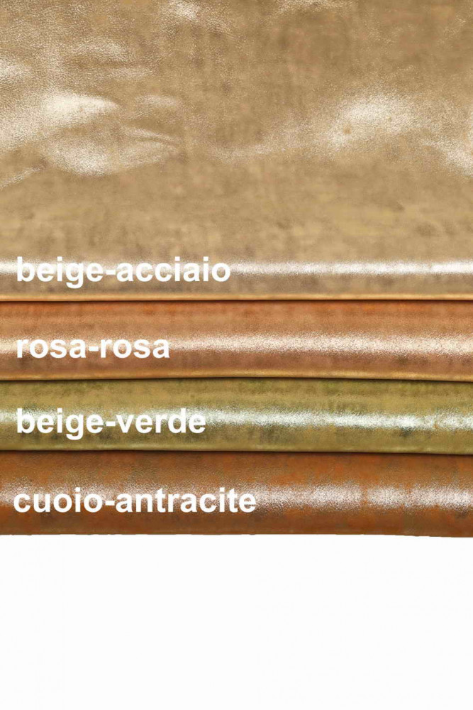 METALLIC SUEDE on goatskin, beige, steel, pink, green, tan vintage distressed leather hide, tie dye effect skin