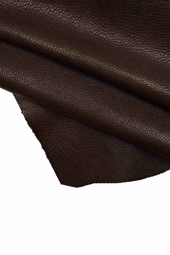 DARK BROWN vegetable tanned leather skin pebble grain goatskin, sporty glossy leather hide