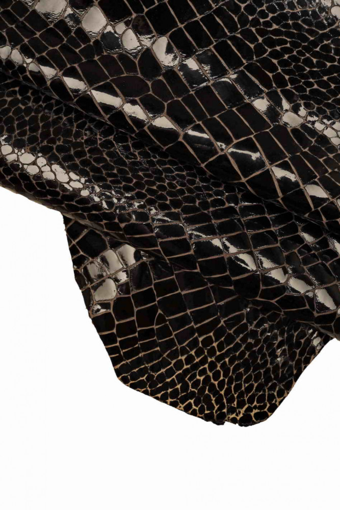 BLACK CROCODILE carved leather skin, patent printed goatskin, soft croc cowhide