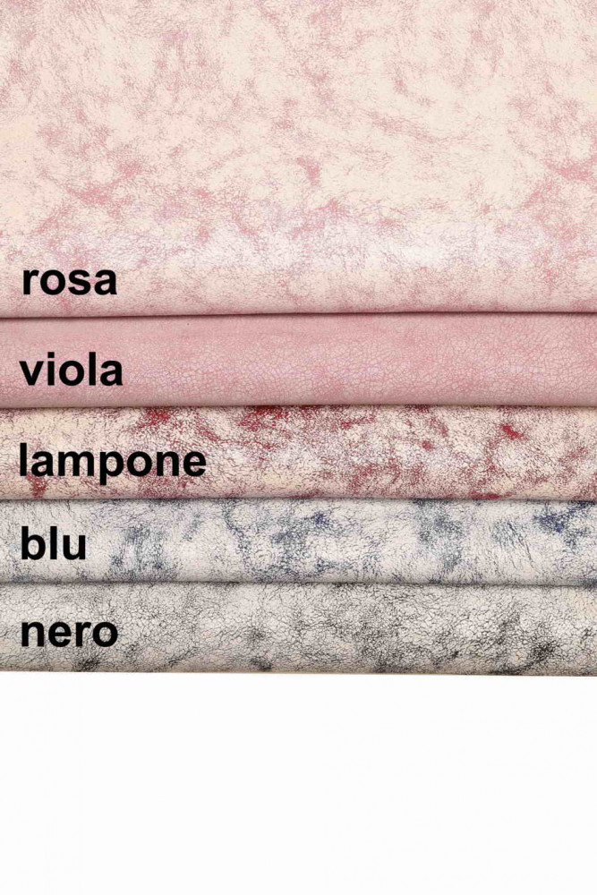 PELLE stampata CRAQUELÉ effetto consumato, pellame anticato base rosa / nocciola / marrone / azzurro e lamina bianca