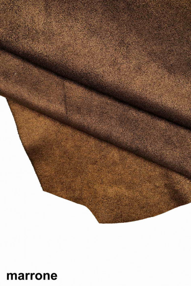 Pelle di CROSTA LAMINATA verde marrone blu, vitello scamosciato metallizzato, pellame camoscio morbido con lamina