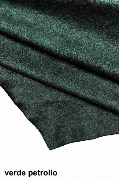 Pelle di CROSTA LAMINATA verde marrone blu, vitello scamosciato metallizzato, pellame camoscio morbido con lamina