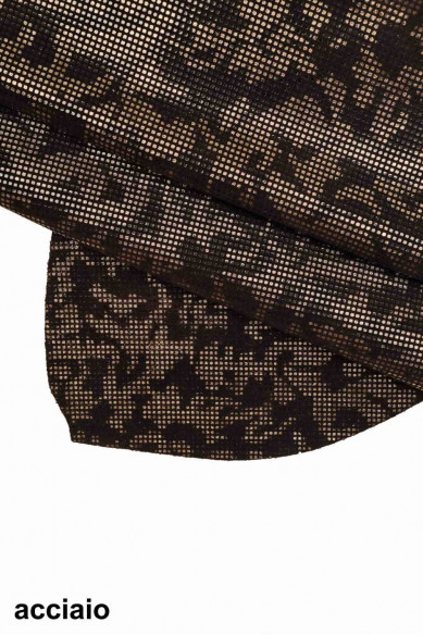 PELLAME SCAMOSCIATO nero laminato blu acciaio ruggine, crosta stampata metallizzata, pelle di camoscio maculata