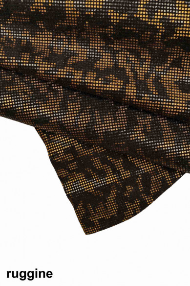 PELLAME SCAMOSCIATO nero laminato blu acciaio ruggine, crosta stampata metallizzata, pelle di camoscio maculata