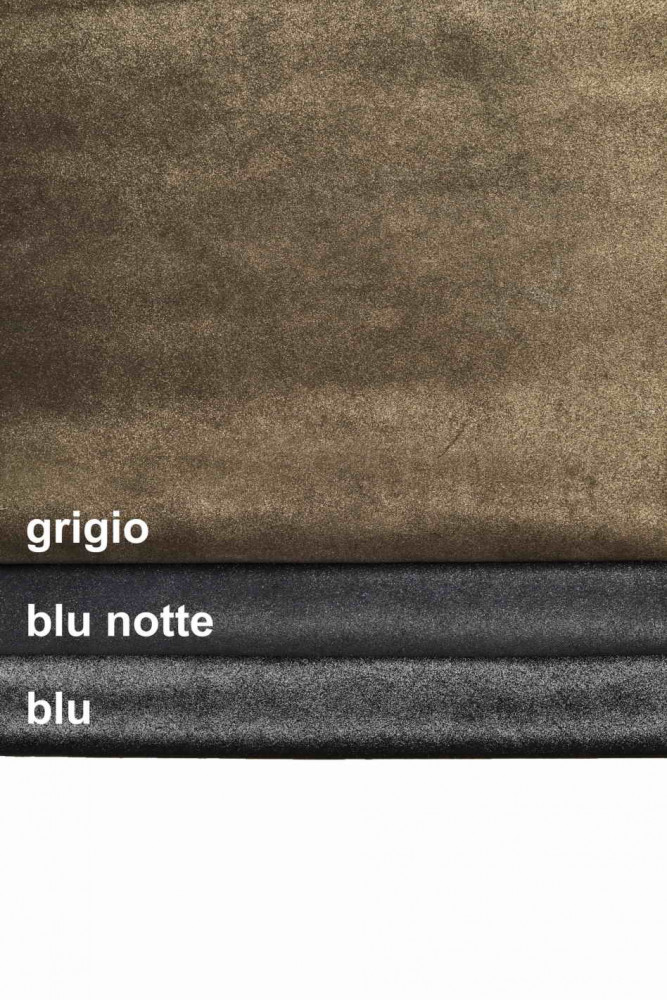 METALLIC SUEDE leather hide, blue gray metal calfskin, soft shiny cowhide