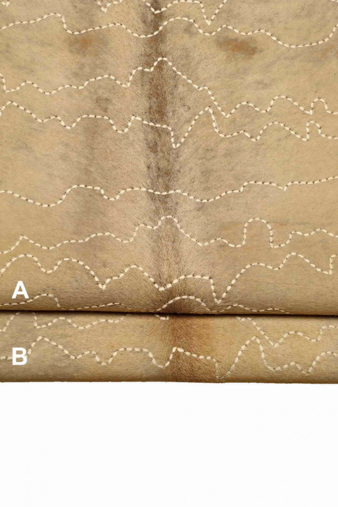 BEIGE HAIR on leather hide, embroidered hairy cowhide, vintage super soft pony effect calfskin