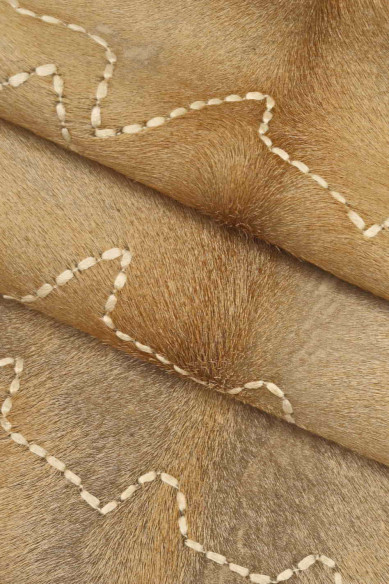 BEIGE HAIR on leather hide, embroidered hairy cowhide, vintage super soft pony effect calfskin