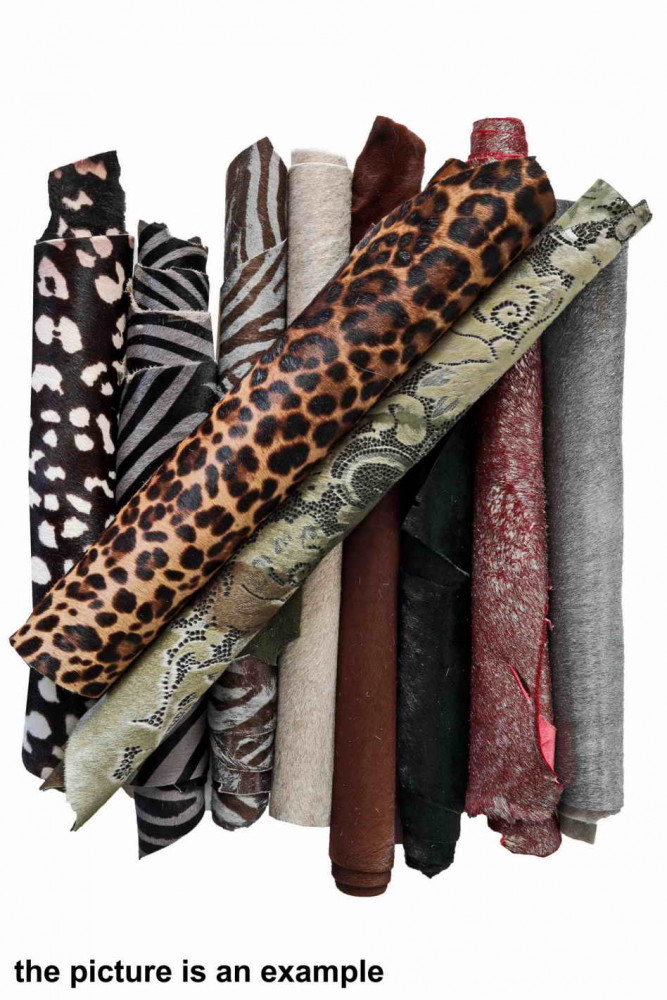 Mix HAIR on LEATHER hide scraps, mix of different colors / textures, 10 italian leather pieces for crafts