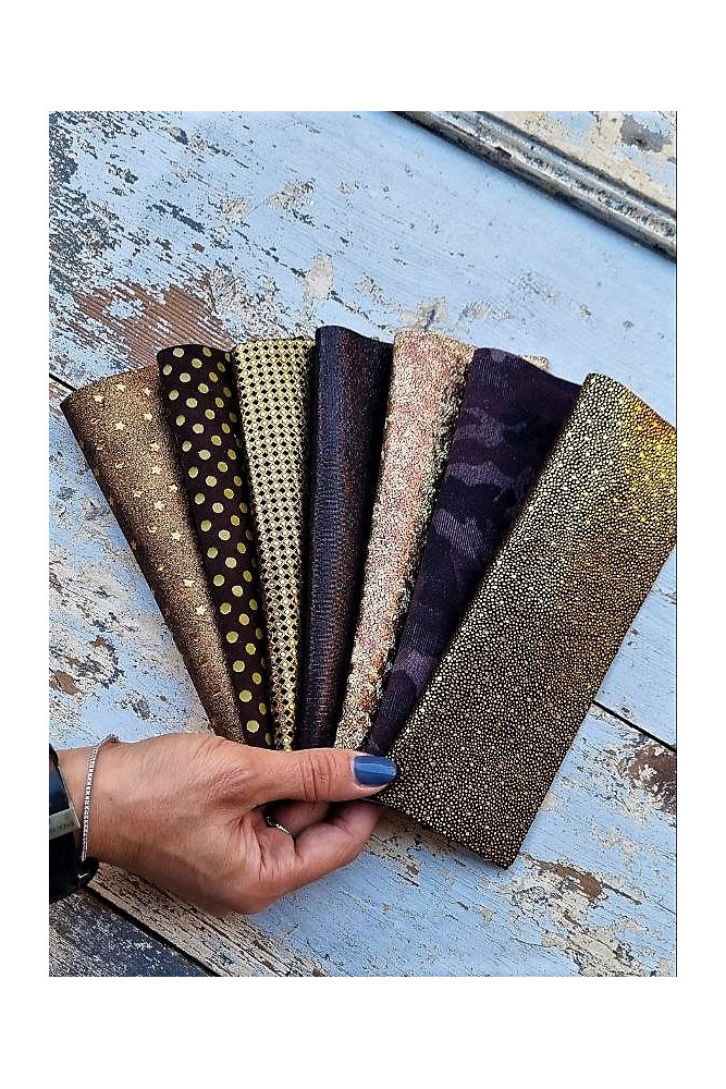 7 Selected leather sheets, PRINTED metallic textured, mix colorful selection leather remnants as per pictures 8x6 inches