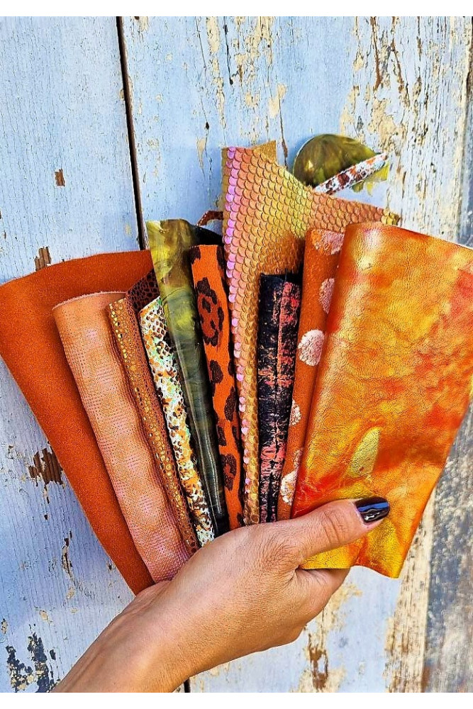 10 Selected leather scraps, ORANGE tones, mix colorful selection leather remnants as per pictures