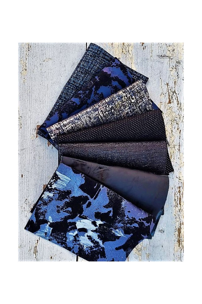7 selected LEATHER sheets, BLACK, blue, steel, printed metallic textured, mix selection leather remnants 8x6 inches