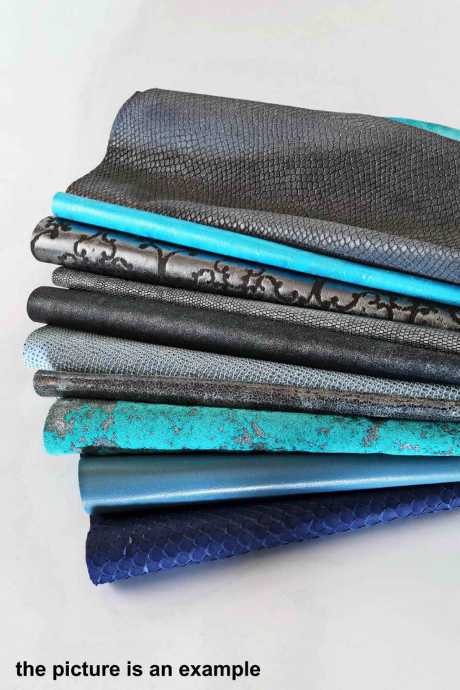 Mix leather scraps - BLUE and GREY - fancy textures, prints and
