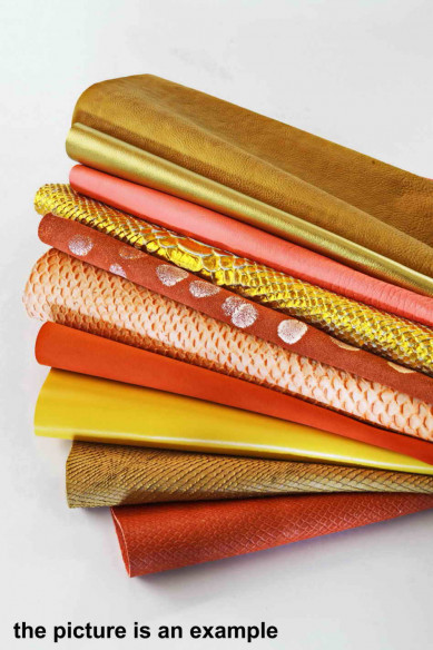 Mix leather scraps - YELLOW, GOLD, ORANGE tones - fancy textures, prints and softness various, 10 or 15 italian leather pcs