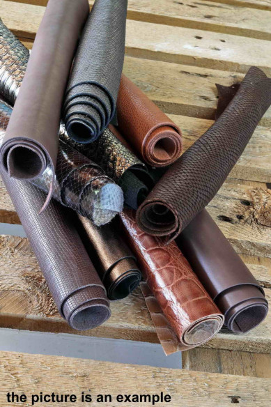 Scampoli di pelle miste, MARRONE, TESTA di moro e BRONZO, stampe, lamine e fantasie varie   0,500 kg - 0,750 kg - 1 kg - 2 kg