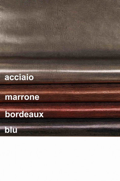 PELLE LUCERTOLA laminata ruggine bordeaux acciaio e blu, vitello metallizzato stampa lizard, pellame lucido stampato
