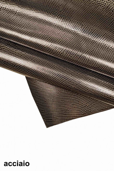 PELLE LUCERTOLA laminata ruggine bordeaux acciaio e blu, vitello metallizzato stampa lizard, pellame lucido stampato