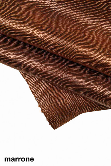 PELLE LUCERTOLA laminata ruggine bordeaux acciaio e blu, vitello metallizzato stampa lizard, pellame lucido stampato