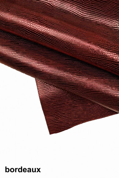 PELLE LUCERTOLA laminata ruggine bordeaux acciaio e blu, vitello metallizzato stampa lizard, pellame lucido stampato