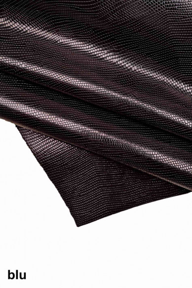 PELLE LUCERTOLA laminata ruggine bordeaux acciaio e blu, vitello metallizzato stampa lizard, pellame lucido stampato