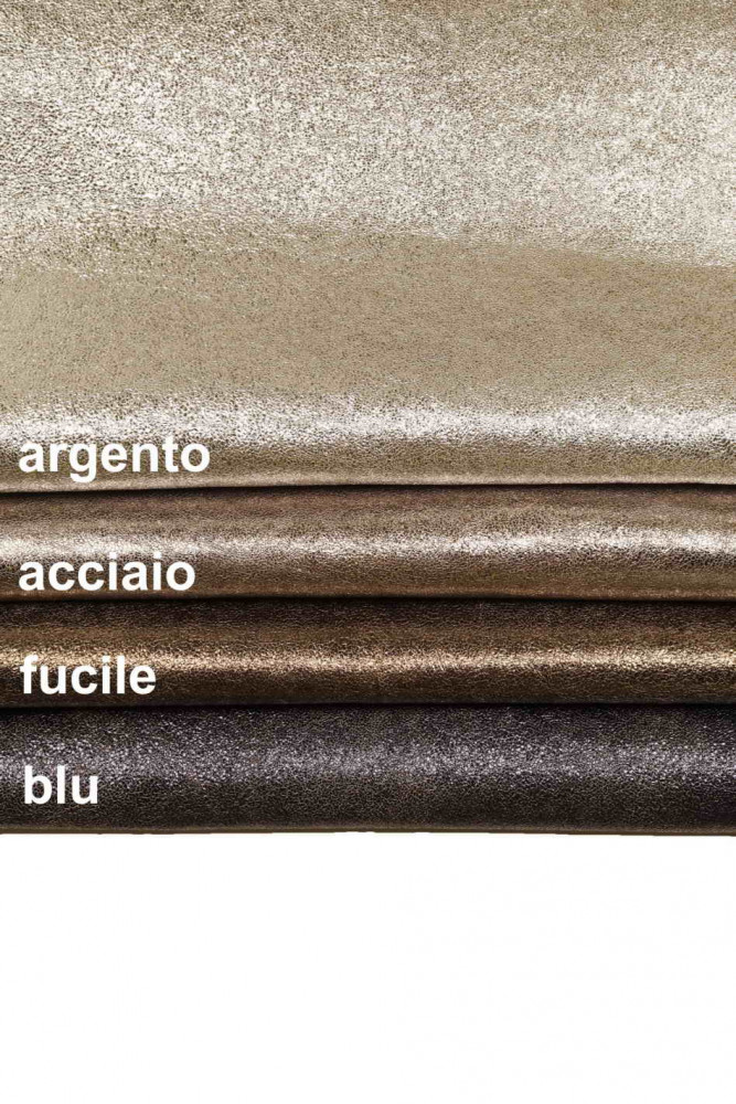 SILVER BLUE gunmteal steel leather hide, metalliz tiny pebble grain goatskin, soft skin with foil