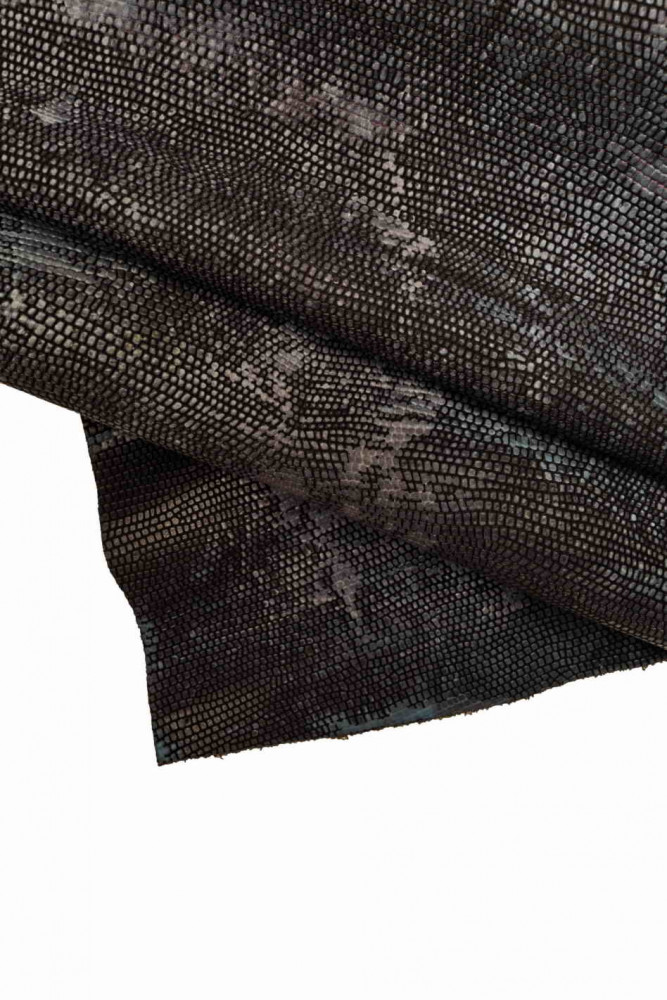 ARTISTIC LEATHER hide, black grey painted calfskin, lizard printed cowhide with handmade texture