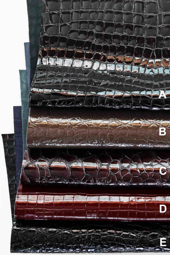 PATENT leather hides in PIECES with crocodile print, solid colour, shiny, stiff, classic/elegant look