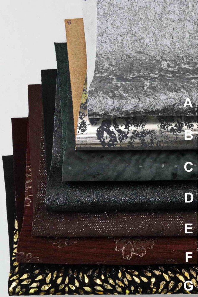 METALLIC leather skins in PIECES with foils, prints and different finishes, bright, refined look