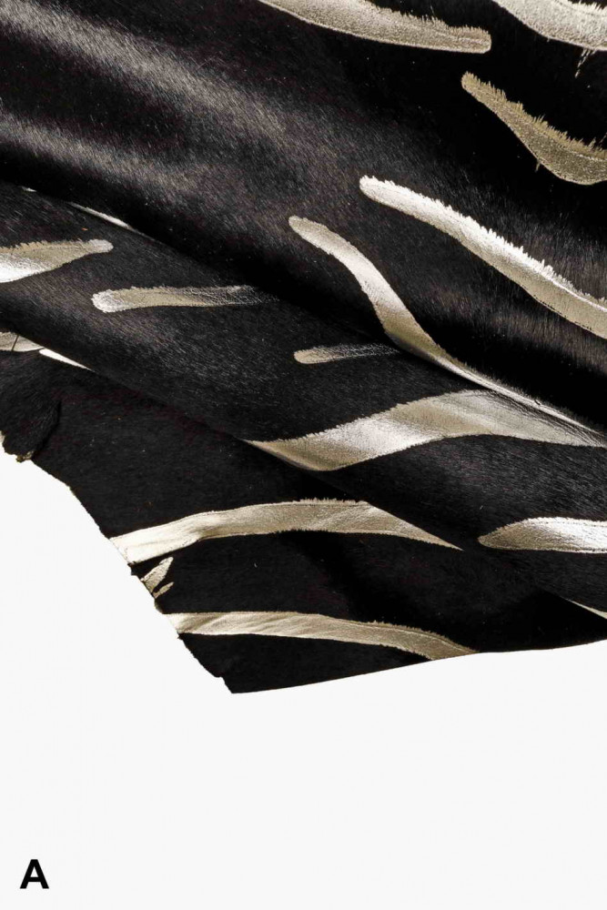 ZEBRA PRINTED hair on leather hide, black pony cowhide with metallic animal print
