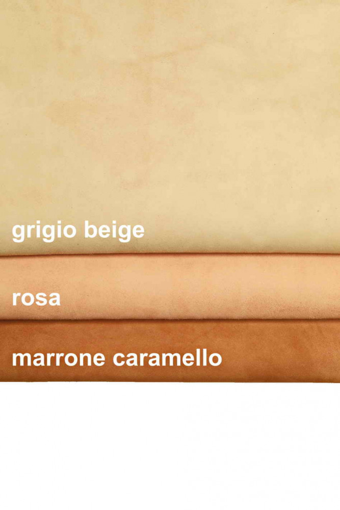 Pelle di CAMOSCIO su CAPRA grigio beige, rosa, marrone caramello, pellame vellutato dal look classico