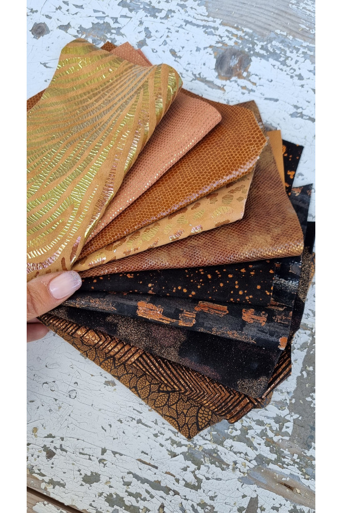 10 selected LEATHER SCRAPS, tan brown mix metallic textured selection of leather remnants as per pictures  RT38