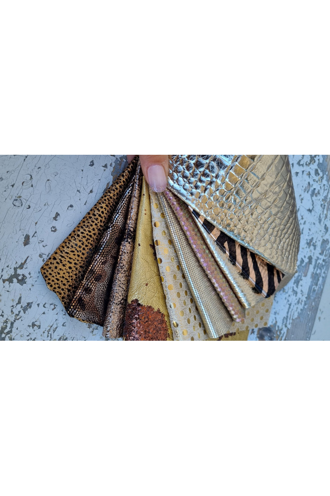 10 Selected leather scraps, GOLD and BRONZE colors, printed various, mix  selection pre-cut leather remnants
