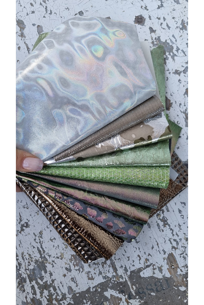 10 selected LEATHER SCRAPS in green and grey tones, mix metallic and  printed selection of leather remnants as per picture RT48