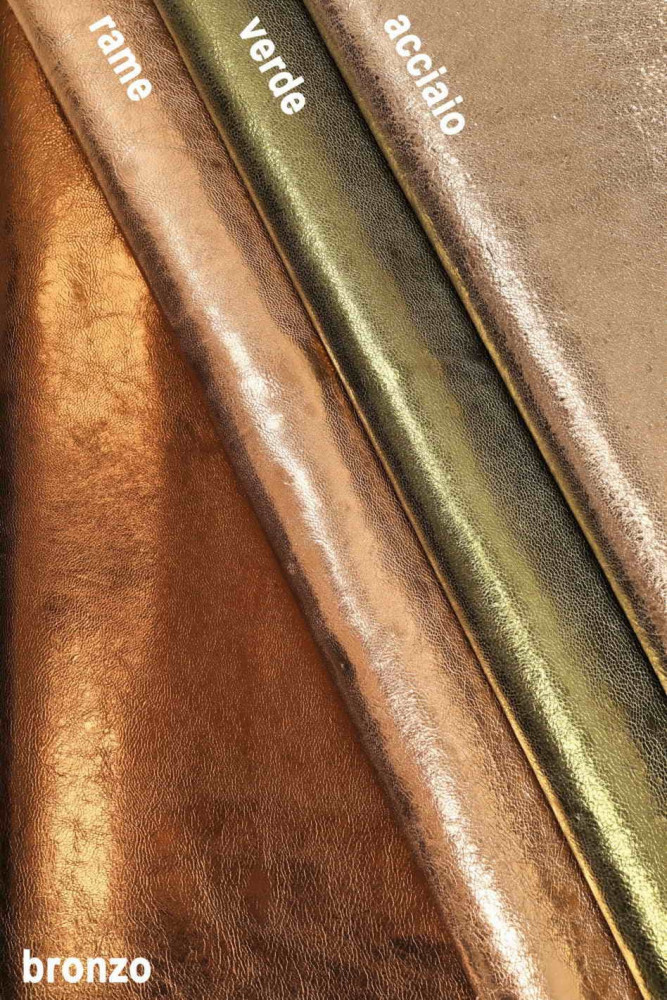 Soft metallic leather hides - copper, gunmetal, bronze, steel, green laminated goat skins    A9597-MT/F