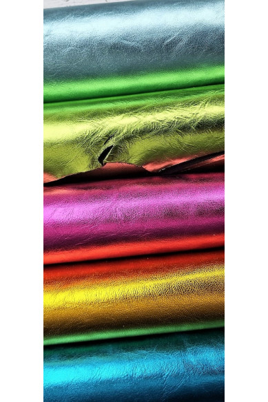 Selected leather scraps, METALLIC 5 bright tones as per pictures, approx size 10 x 8" each piece, 0,420 lbs