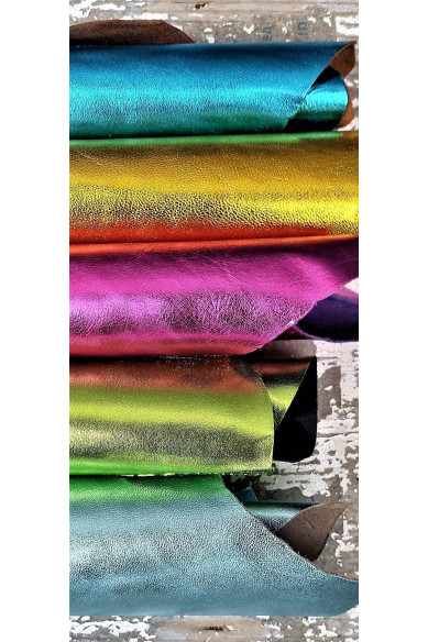 Ritagli di pellami unici selezionati, scampoli LAMINATI in 5 vivaci toni come da foto, misura minima/pezzo di 25 x 20 cm, 190 g