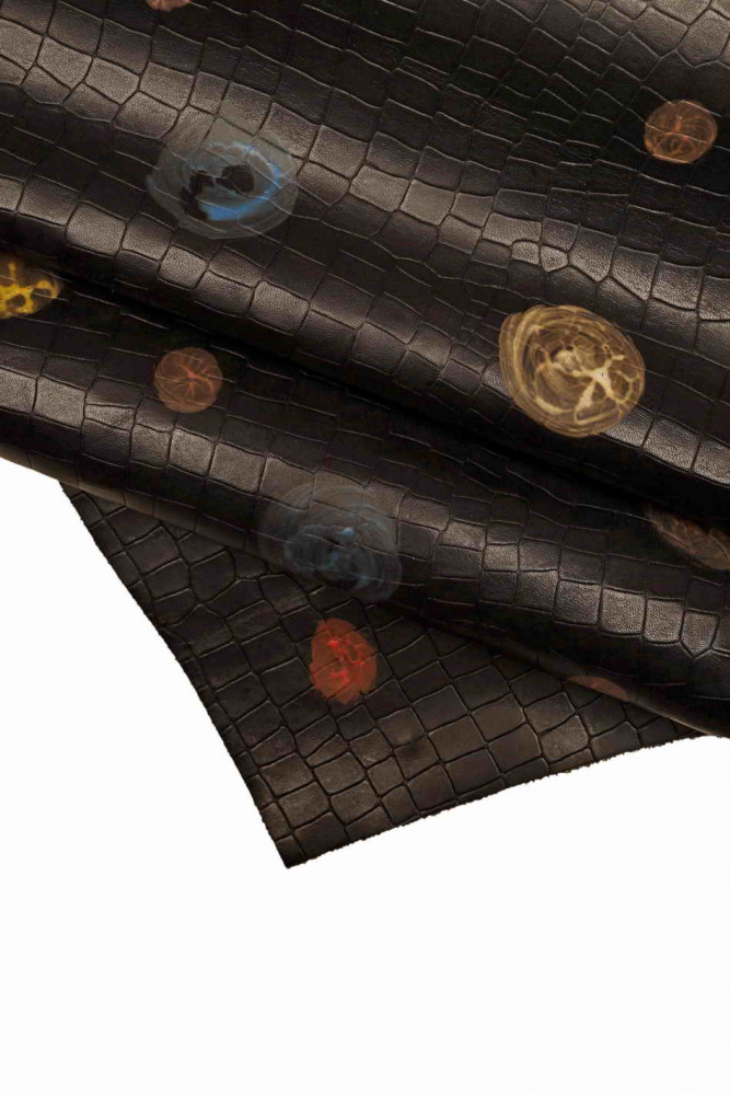 Multicolor POLKA DOTS textured leather hide, black crocodile embossed calfskin with colored handmade decoration