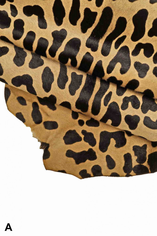 LEOPARD PRINTED hair on hide, spotted pony leather, beige-black cheetah textured calfskin