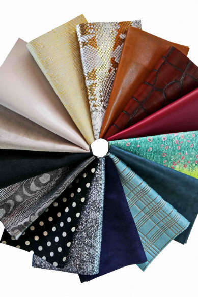 15 Scampoli di pelle casuali, stampati, tinta unita, laminati, pezzi pretagliati pellami selezionati, assortimento MIX, 25x20 cm