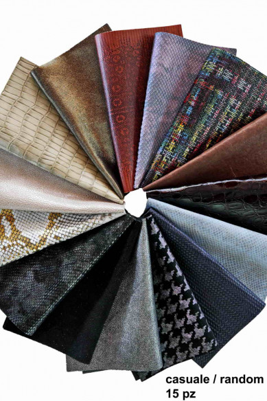 15 Scampoli di pelle casuali, stampati, tinta unita, laminati, pezzi pretagliati pellami selezionati, assortimento MIX, 25x20 cm