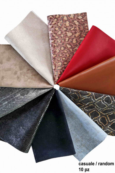 10 Scampoli di pelle casuali, stampati, tinta unita, laminati, pezzi pretagliati pellami selezionati, assortimento MIX, 25x20 cm