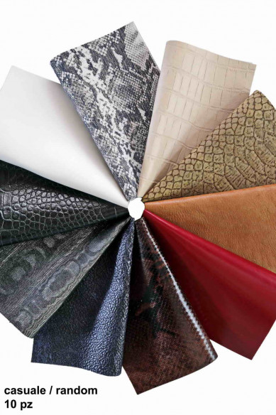 10 Scampoli di pelle casuali, stampati, tinta unita, laminati, pezzi pretagliati pellami selezionati, assortimento MIX, 25x20 cm