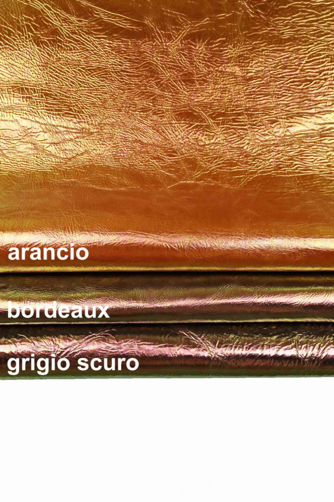 IRIDESCENT METALLIC leather skin, wrinkled oleographic hide, orange, burgundy, dark grey goatskins
