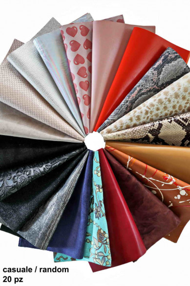 20 Scampoli di pelle casuali, stampati, tinta unita, laminati, pezzi pretagliati pellami selezionati, assortimento MIX, 25x20 cm