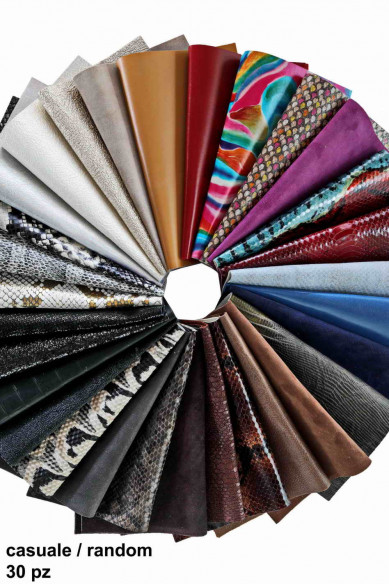 30 Scampoli di pelle casuali, stampati, tinta unita, laminati, pezzi pretagliati pellami selezionati, assortimento MIX, 25x20 cm